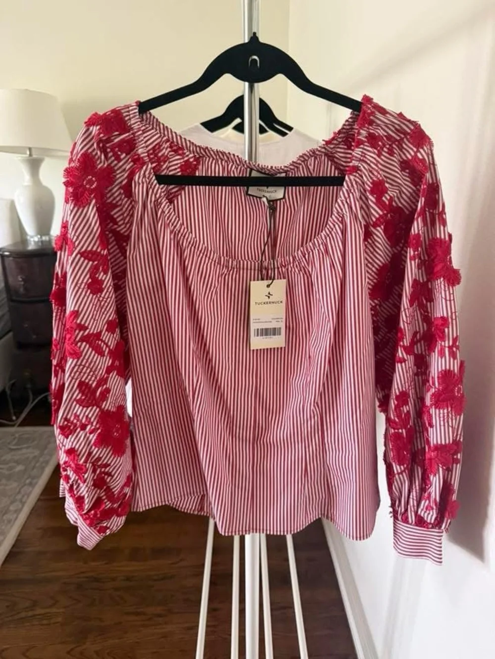 Tuckernuck Red Striped Top with Red Floral Puff Sleeves, NWT